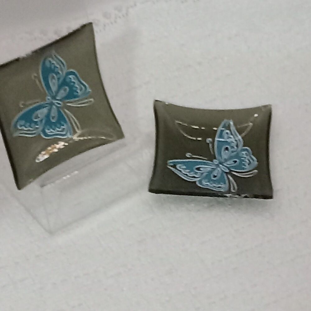 Black Glass Tea Bag Holder Blue Butterfly 2 Trinket Tray
